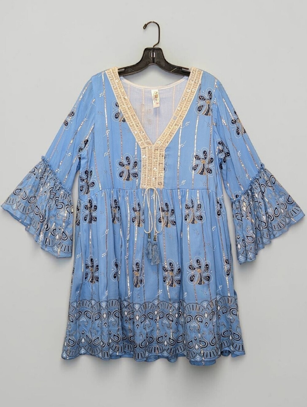 India Boutique Blue Boho Tunic Dress Free Size Bell Sleeve Metallic Tassel